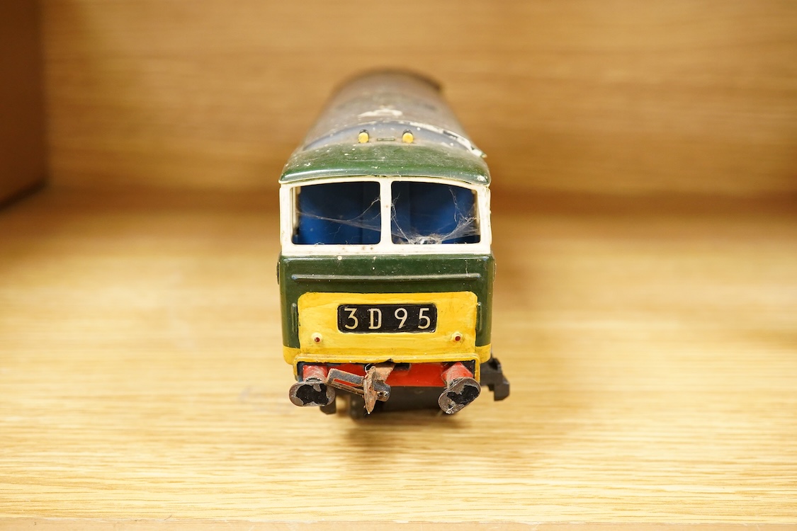 Seven 0 gauge coarse scale LMS and a private owner’s freight wagons, mainly of wood construction, together with the remains of a Tri-ang Big Big Train Class 35 Hymek diesel locomotive (8)